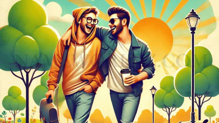 A cheerful digital artwork of two friends walking together in a lively park.